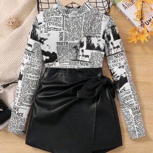 SHEIN Black and White Newspaper Print Kids Matching Set Size 11/12